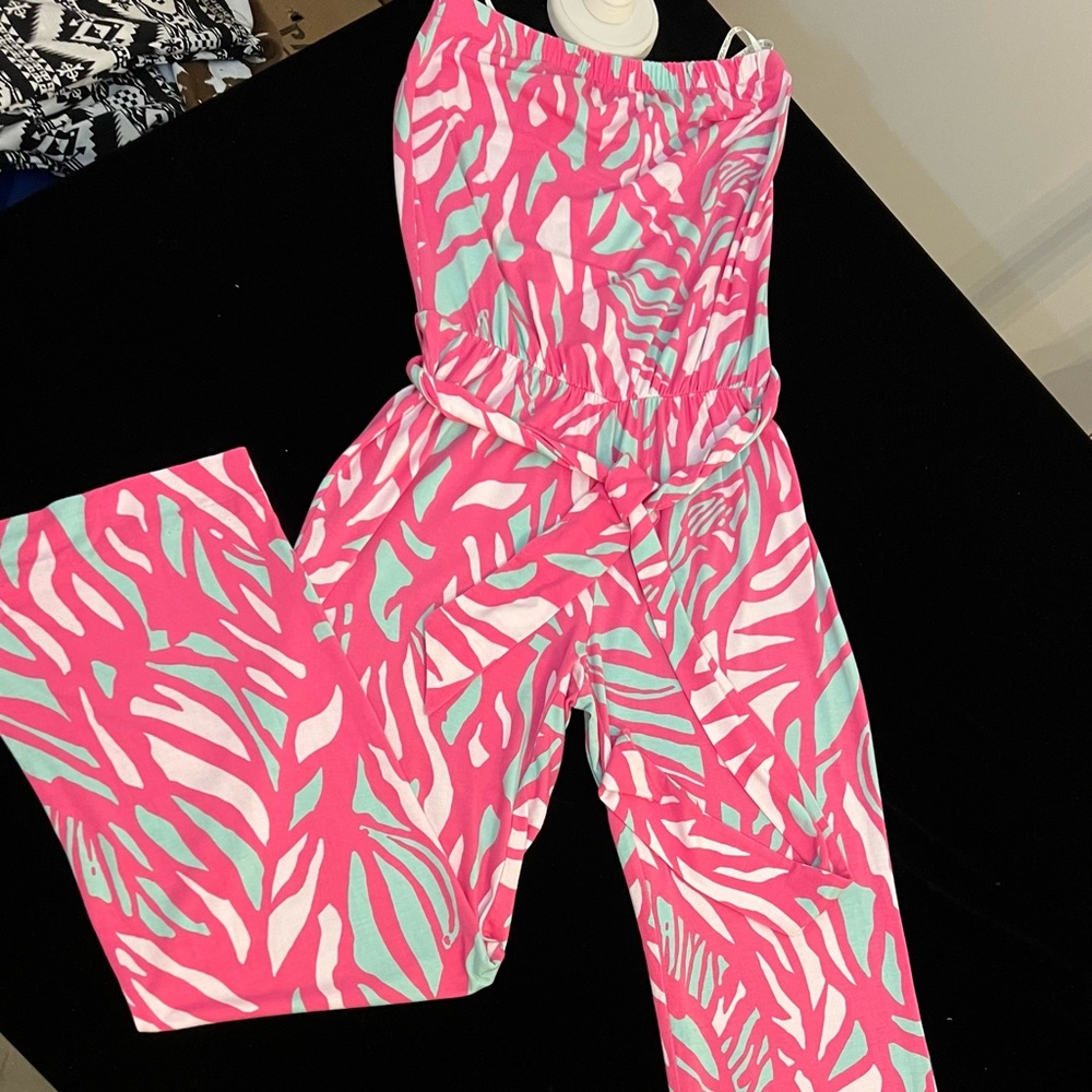Lilly Pulitzer Tia Capri Pink Papaya Playa Jersey Strapless Belted Jumpsuit S